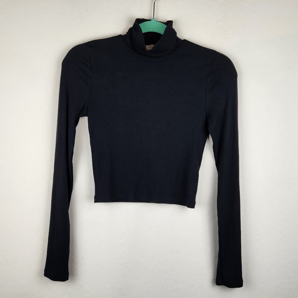 Aritzia Wilfred Only Waist Ribbed Turtleneck Long Sleeve Crop Top Black sz S - Picture 2 of 9